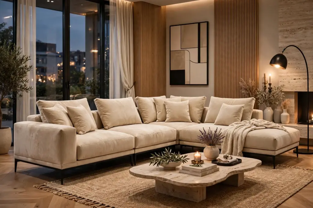 Furniture by Shakir - Turkish Luxury L Shape Sofa Set | Beige Velvet 7 Seater Corner Sofa Design