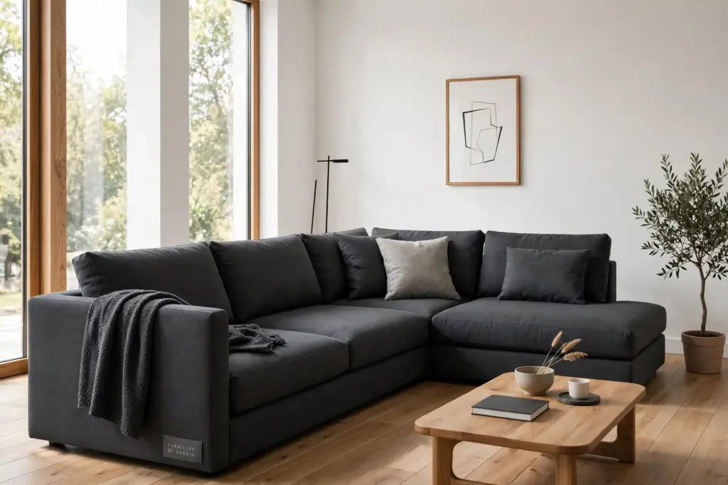 Furniture by Shakir - Charcoal Grey Minimalist L Shape Sofa Set - 7 Seater Corner Sofa Design in Karachi