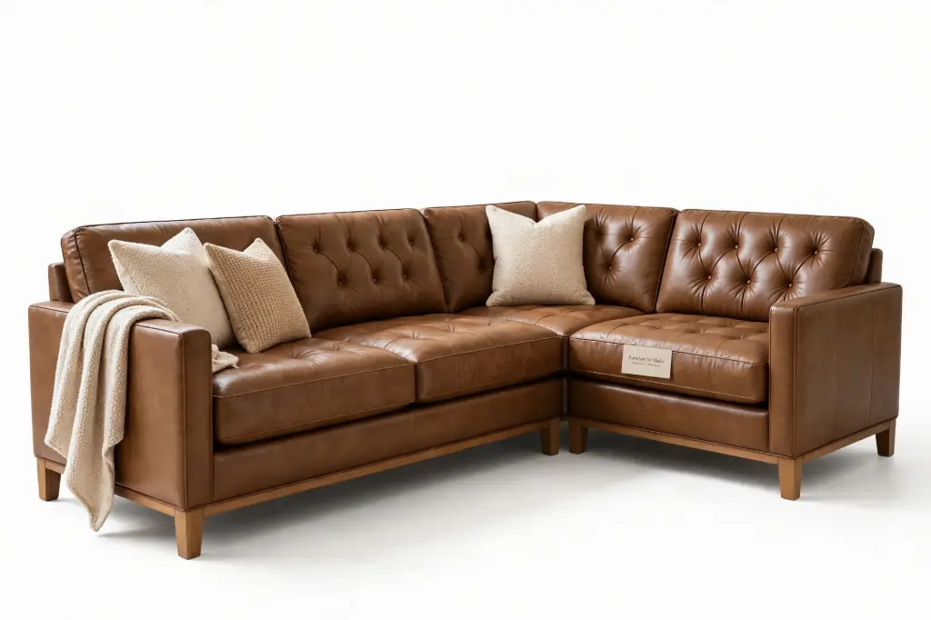 Furniture by Shakir - Camel Brown Leather Chesterfield L Shape Sofa Set | 7 Seater Leather Corner Sofa Design - Luxury Sofa Set in Karachi