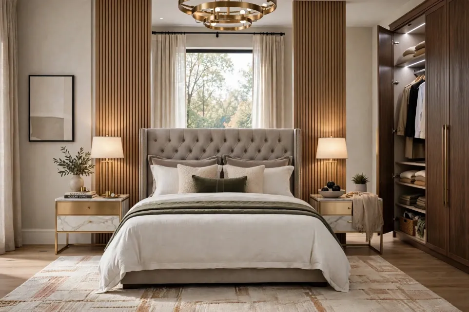 Royal Elegance Luxury Complete Bedroom Set - Tufted King Bed + 2 Marble Side Tables + 4-Door Wardrobe