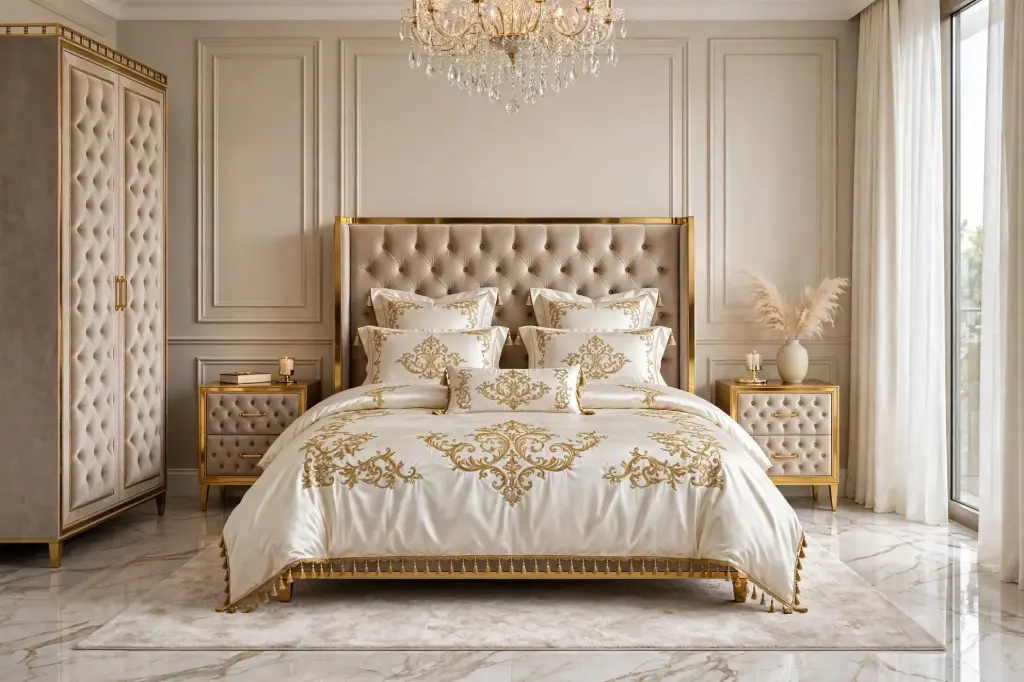 Luuxury Gold Versailles Bridal Bed Set - Velvet Bed with Wardrobe & Side Tables