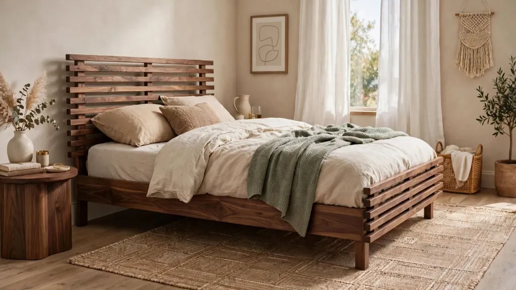 Walnut Modern Slatted Single Bed - Wooden Furniture Design | Walnut Single Bed | Slatted Single Bed