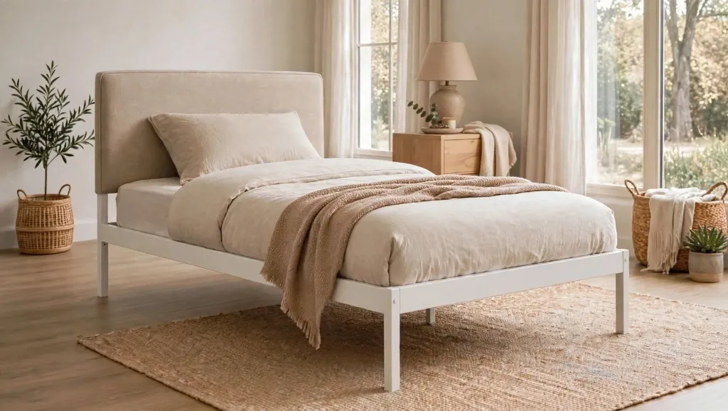 Minimalist White Single Bed with Fabric Headboard | White Single Bed | Fabric Single Bed | Furniture by Shakir