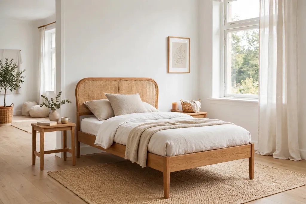 Rattan Cane Single Bed - Natural Wood Furniture | Cane Jali Single Bed | Natural Oak Cane Bed | Furniture by Shakir