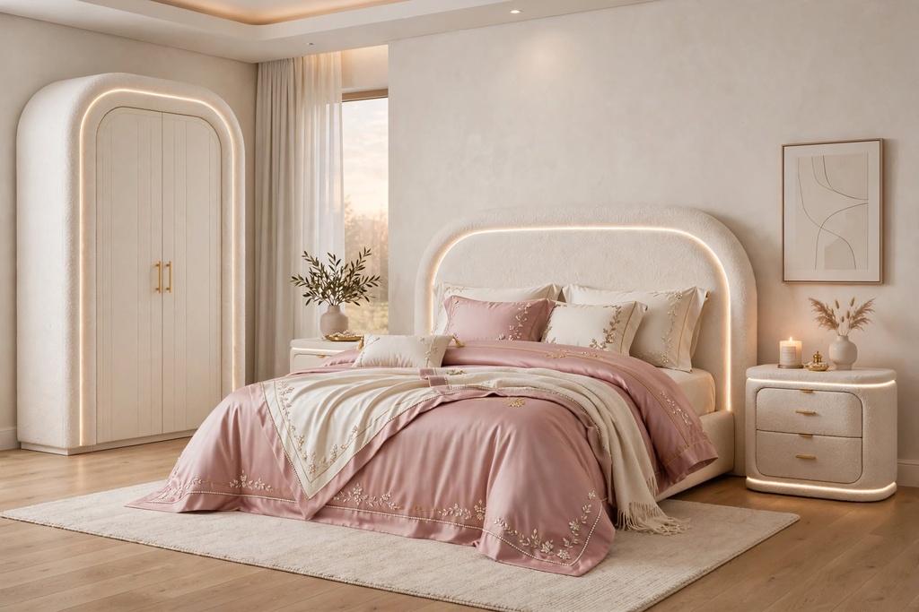 Aura Blush Bridal Bed Set - Modern LED Boucle Luxury Bed in Pakistan