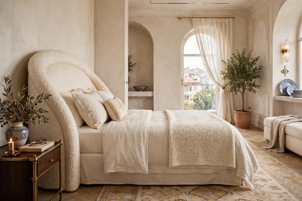Turkish Luxury Curved Single Bed - Luxury Furniture | Curved Boucle Single Bed | Premium Turkish Design Bed | Furniture by Shakir