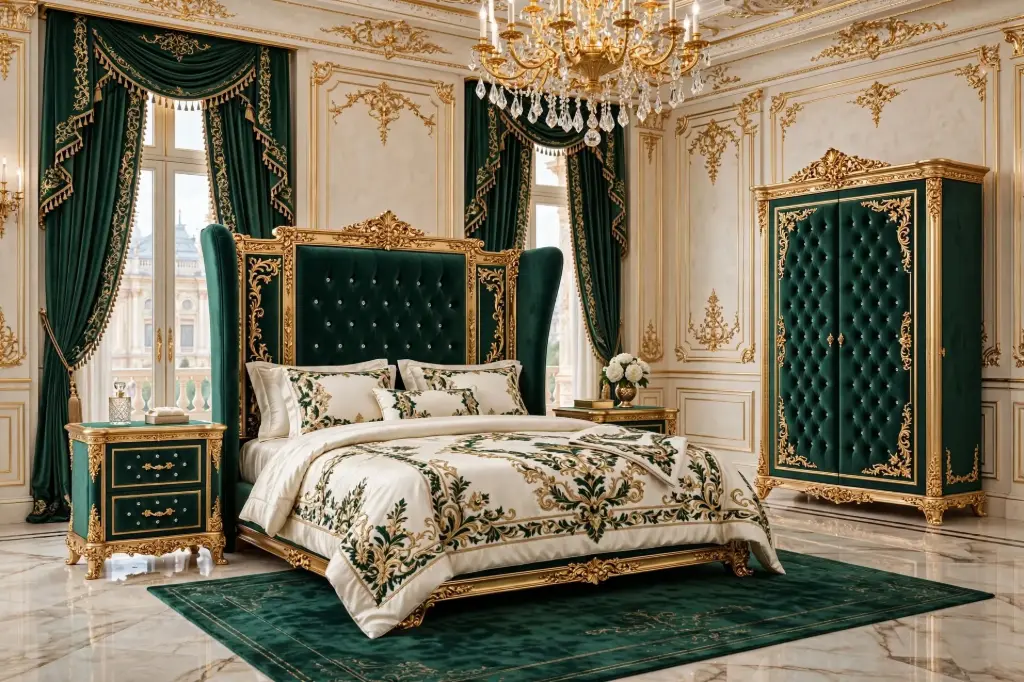 Royal Green Velvet Bridal Bed Set - Emerald Gold Palace Luxury 4 Piece Bedroom Furniture Set