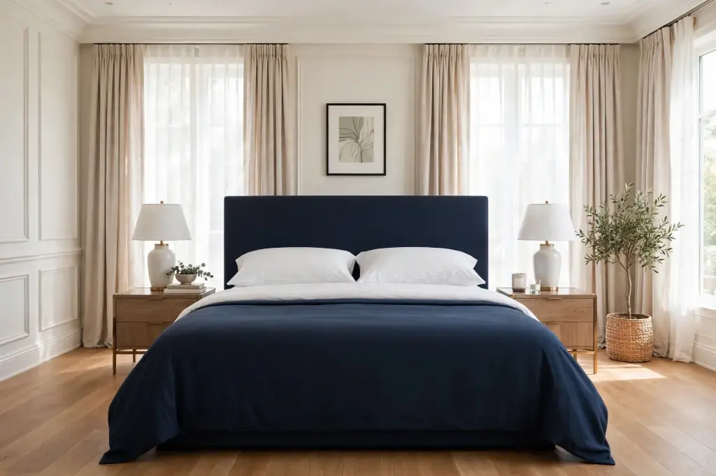 King Size Bed Price in Pakistan | Navy Blue Upholstered Double Bed - Hania Amir Edition